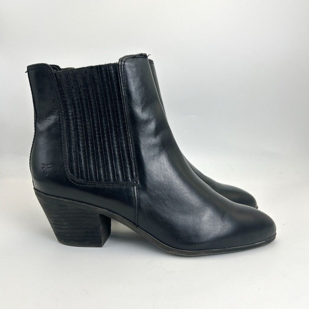 Frye Sandra Ankle Boots Womens 8 Black Leather Stretch Pull On Block Heel Bootie